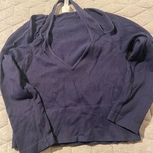 Navy Blue Nikibiki Ribbed Halter Top Long Sleeve